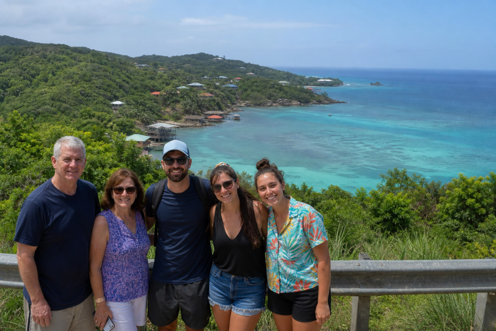 Cruise visitors overlooking Roatan's turquoise coastline