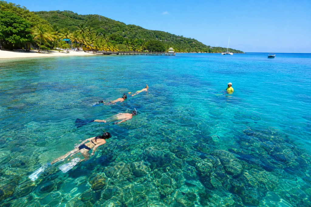Snorkelers keeping their fins above a Roatan coral reef